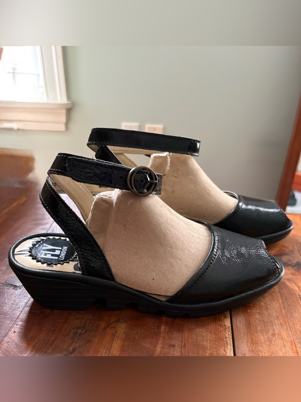Fly London Black Leather Slingback Heels